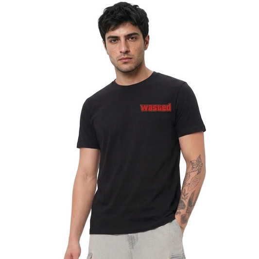 Man wearing a black t-shirt with red text on a white background